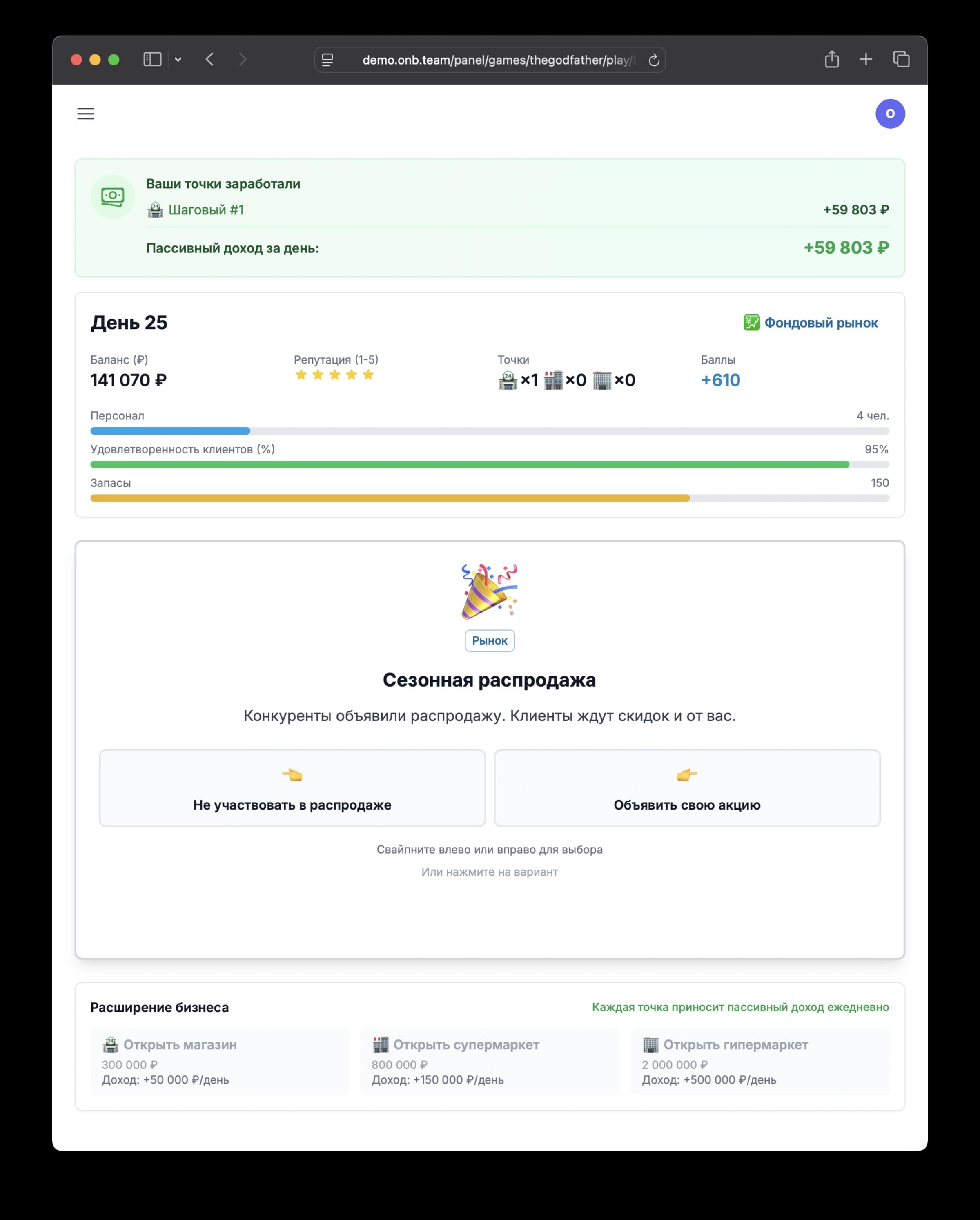 Геймплей бизнес-симуляции TheGodfather — сценарий «Сезонная распродажа»